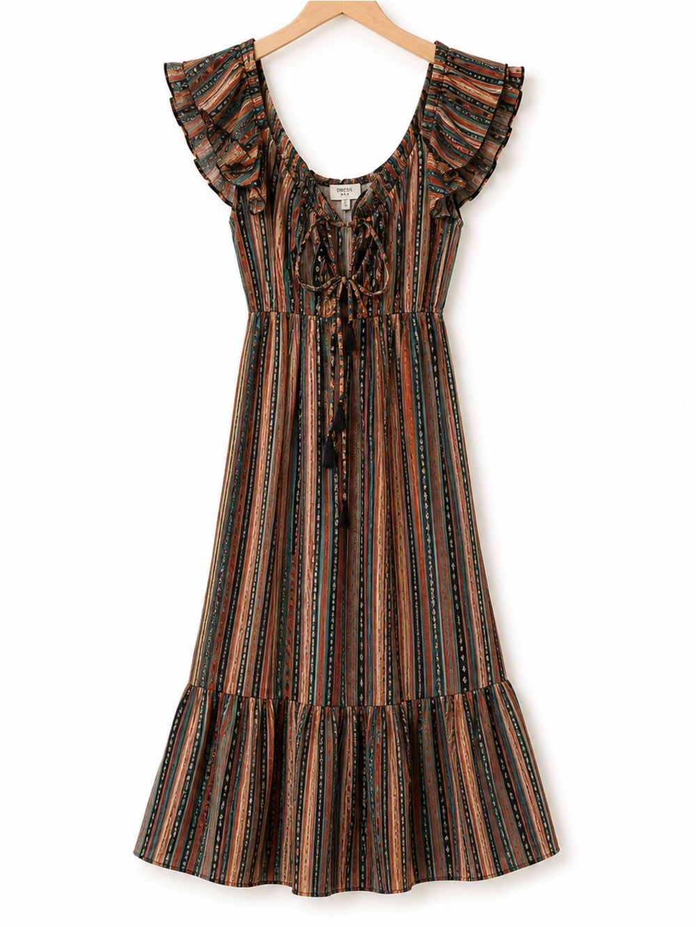 Striped Midi Dress with Ruffle Shoulders and Tie - Brown & Green
